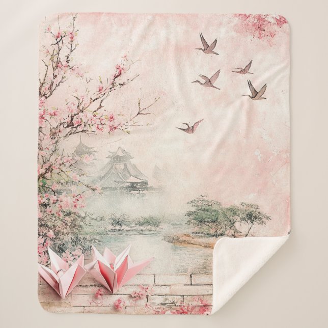 Pink Cherry Blossom Serenity Landscape  (2) Sherpa Blanket (Front)
