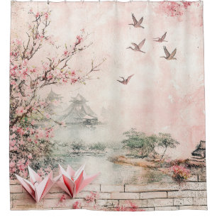 Pink Cherry Blossom Serenity Landscape (2) Shower Curtain