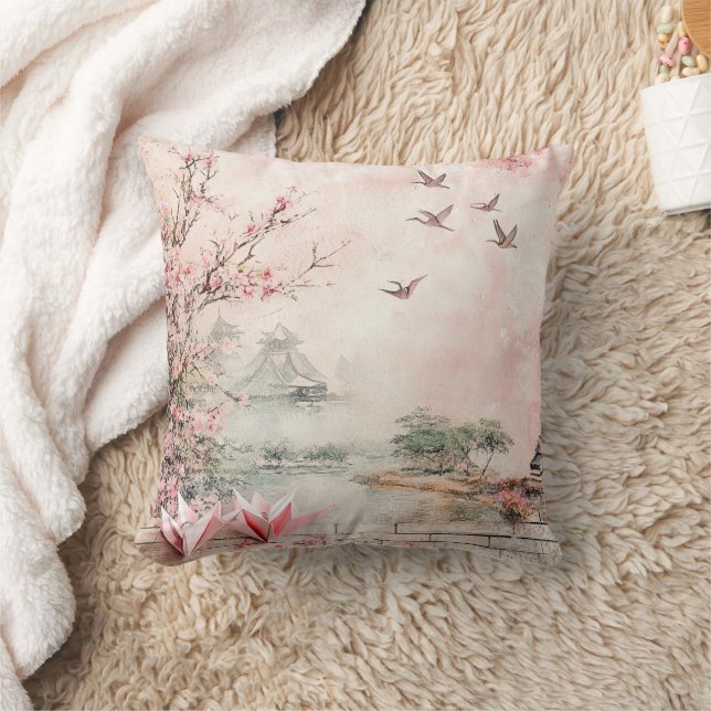 Pink Cherry Blossom Serenity Landscape  (2) Throw Pillow (Blanket)