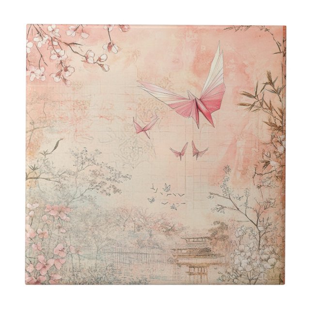 Pink Cherry Blossom Serenity Landscape  (3) Ceramic Tile (Front)