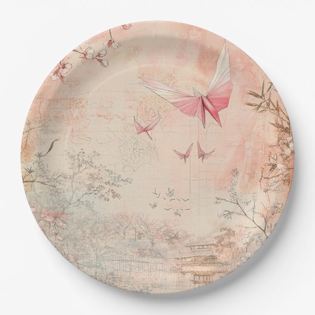 Pink Cherry Blossom Serenity Landscape  (3) Paper Plates (Front)
