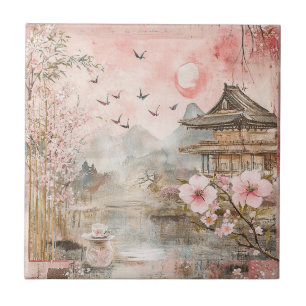 Pink Cherry Blossom Serenity Landscape  (4) Ceramic Tile