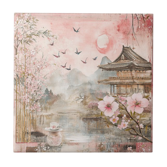 Pink Cherry Blossom Serenity Landscape  (4) Ceramic Tile (Front)