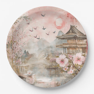 Pink Cherry Blossom Serenity Landscape (4) Paper Plates