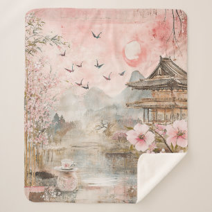 Pink Cherry Blossom Serenity Landscape (4) Sherpa Blanket