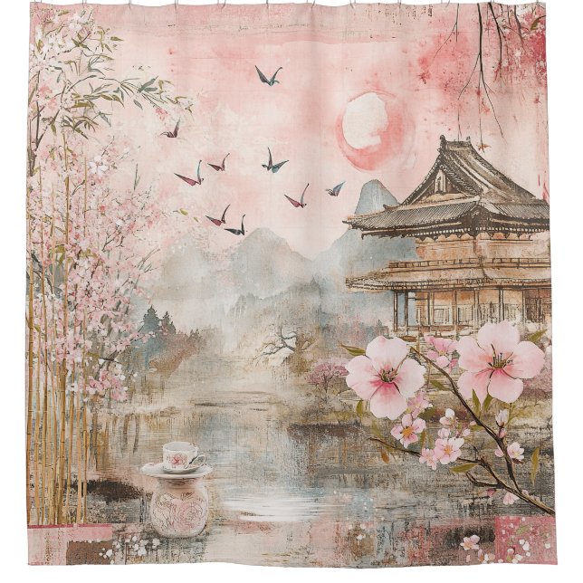 Pink Cherry Blossom Serenity Landscape  (4) Shower Curtain (Front)