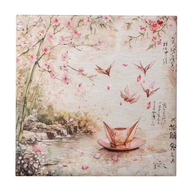 Pink Cherry Blossom Serenity Landscape  (5) Ceramic Tile (Front)