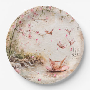 Pink Cherry Blossom Serenity Landscape  (5) Paper Plates