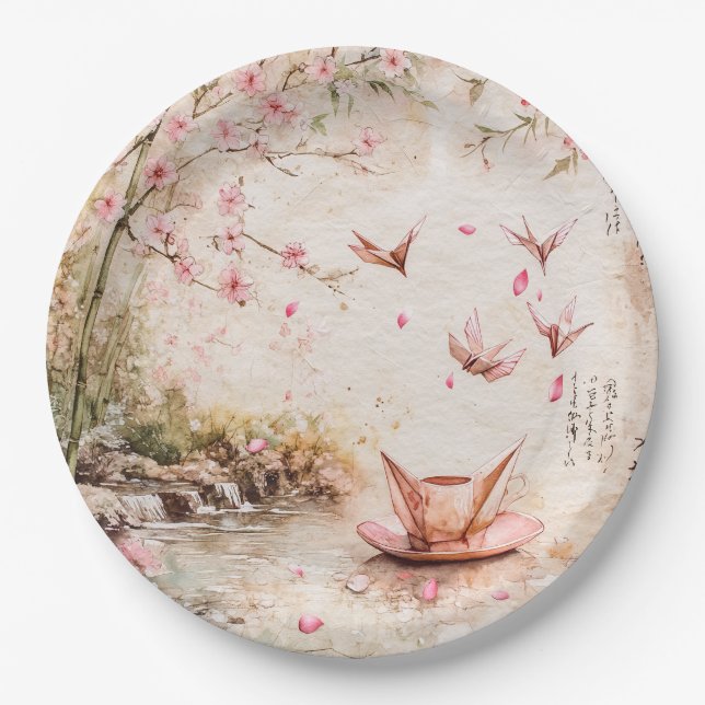 Pink Cherry Blossom Serenity Landscape  (5) Paper Plates (Front)