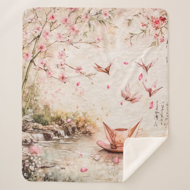Pink Cherry Blossom Serenity Landscape  (5) Sherpa Blanket (Front)