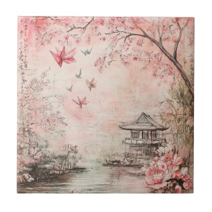 Pink Cherry Blossom Serenity Landscape  (6) Ceramic Tile