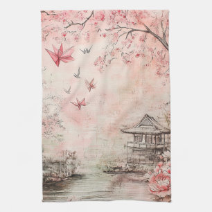 Pink Cherry Blossom Serenity Landscape (6) Kitchen Towel