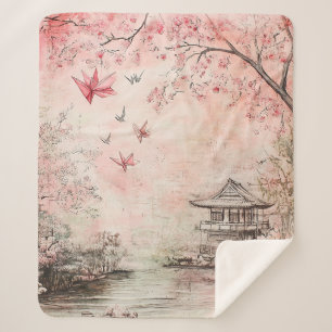 Pink Cherry Blossom Serenity Landscape (6) Sherpa Blanket
