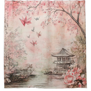 Pink Cherry Blossom Serenity Landscape (6) Shower Curtain