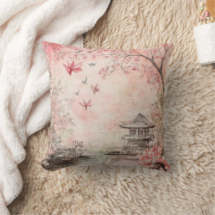 Pink Cherry Blossom Serenity Landscape (6) Throw Pillow