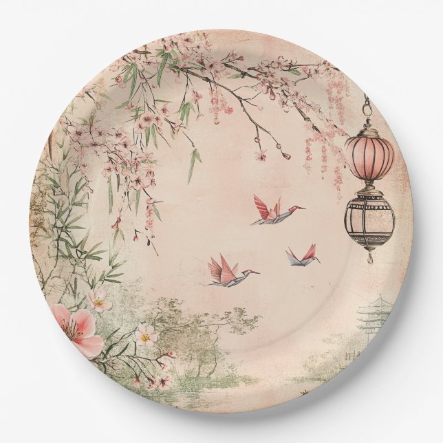Pink Cherry Blossom Serenity Landscape  (7) Paper Plates (Front)