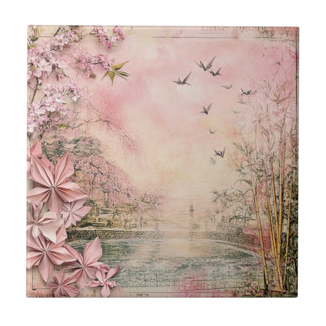 Pink Cherry Blossom Serenity Landscape  (8) Ceramic Tile (Front)