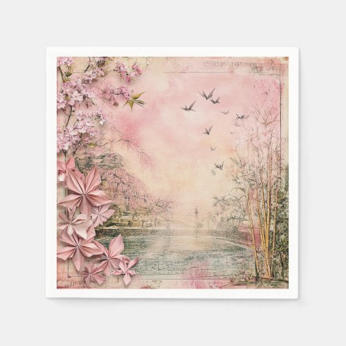 Pink Cherry Blossom Serenity Landscape (8) Napkins