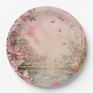 Pink Cherry Blossom Serenity Landscape (8) Paper Plates