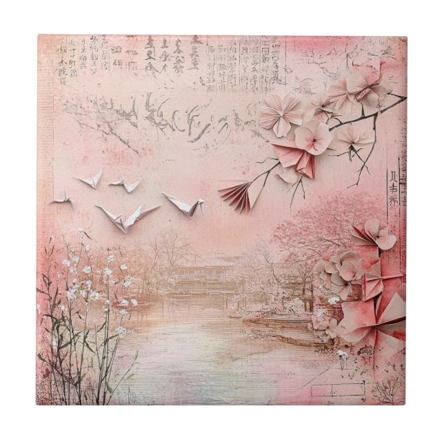 Pink Cherry Blossom Serenity Landscape  (9) Ceramic Tile (Front)