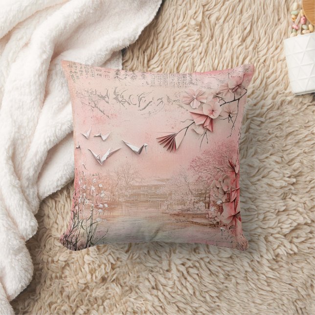 Pink Cherry Blossom Serenity Landscape  (9) Throw Pillow (Blanket)