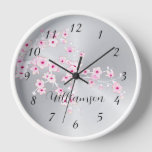 Pink Cherry Blossom Silver Foil Monogram Clock at Zazzle