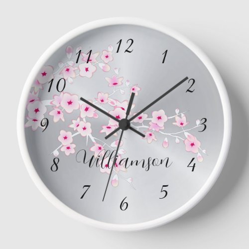 Pink Cherry Blossom Silver Foil Monogram Clock