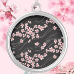 Pink Cherry Blossom Silver Plated Necklace<br><div class="desc">Pink Cherry Blossoms on Black - a great gift for her</div>