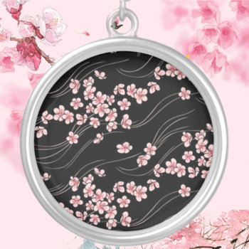 Pink Cherry Blossom Silver Plated Necklace by Cardgallery at Zazzle