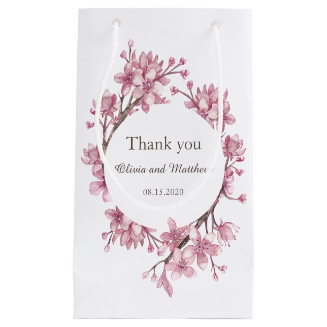 Pink cherry blossom. Spring floral wedding Thanks Small Gift Bag (Front)