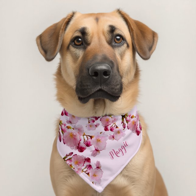Pink Cherry Blossom Spring Flowers Custom Name Pet Bandana Collar (Dog 2)