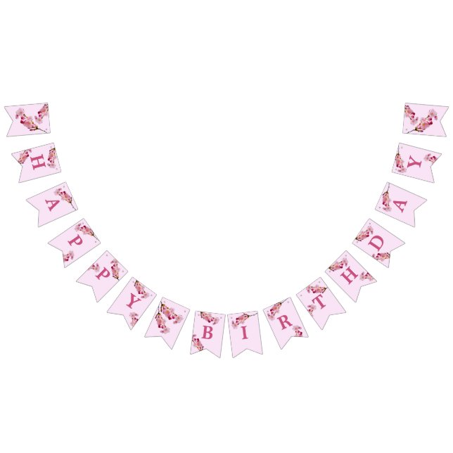 Pink Cherry Blossom Spring Flowers Happy Birthday Bunting Flags (All)