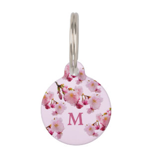 Pink Cherry Blossom Spring Flowers Monogram Pet ID Tag