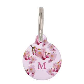 Pink Cherry Blossom Spring Flowers Monogram Pet ID Tag