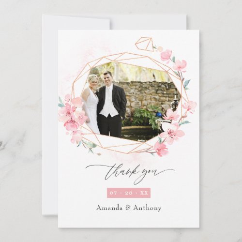 Pink Cherry Blossom Spring Wedding Photo Collage Thank You Card