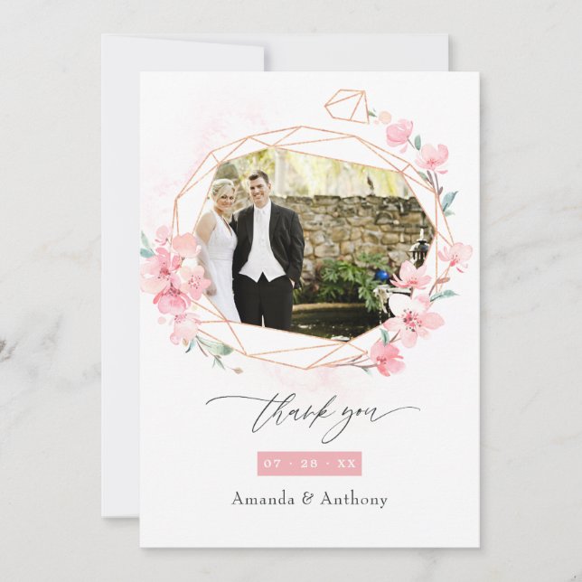 Pink Cherry Blossom Spring Wedding Photo Thank You Card (Front)