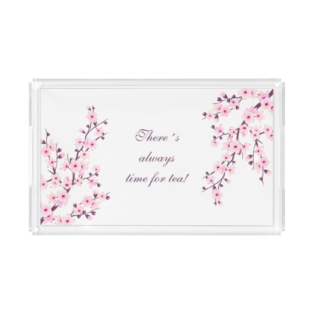 Pink Cherry Blossom Tea Text Acrylic Tray (Front)