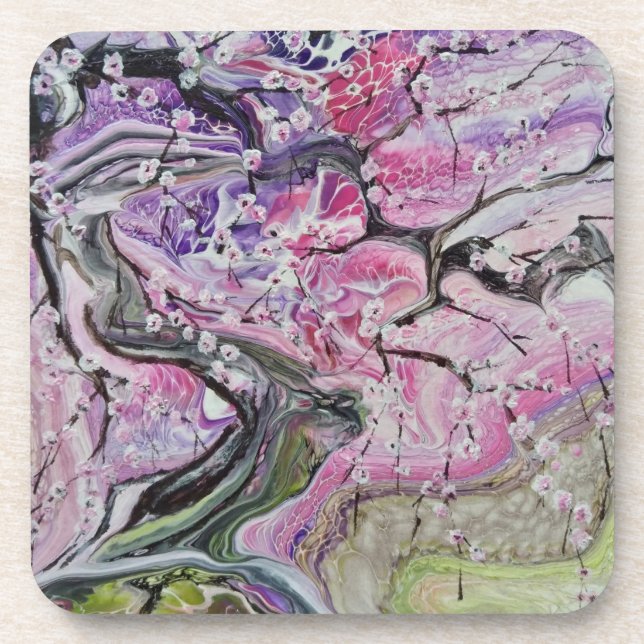 Pink cherry blossom tree beverage coaster (Front)