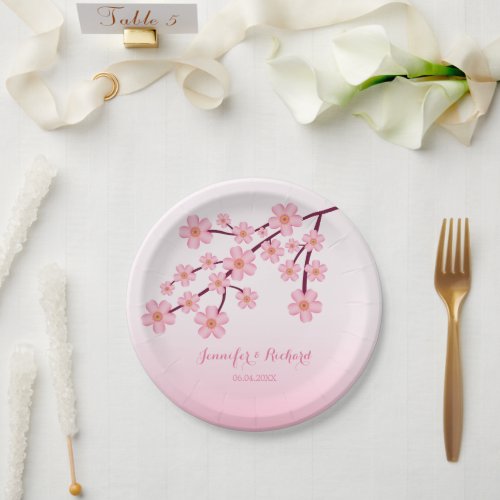 Pink Cherry Blossom Tree Branch With Names Wedding Paper Plates