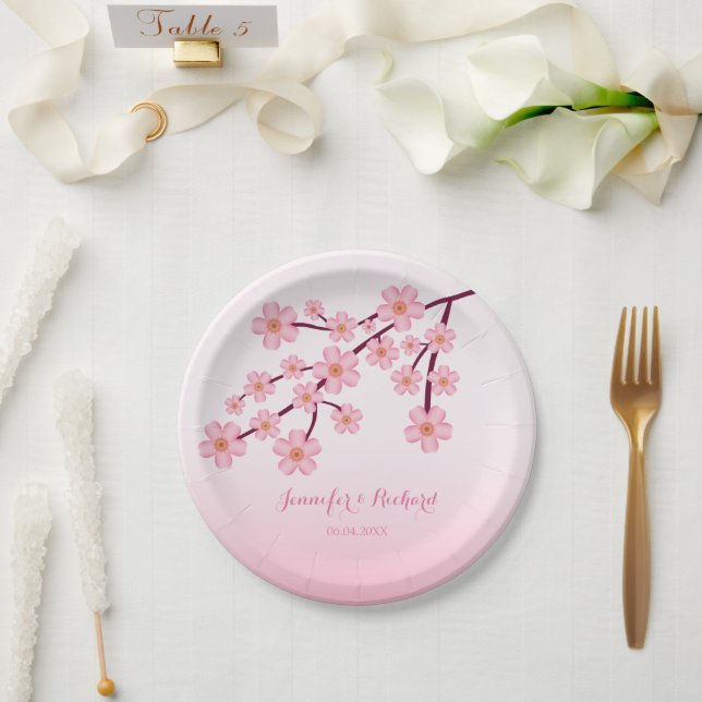 Pink Cherry Blossom Tree Branch With Names Wedding Paper Plates (Wedding)