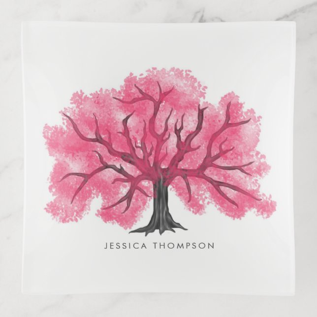 Pink Cherry Blossom Tree Personalized Trinket Tray (Front)