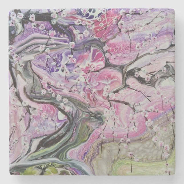 Pink cherry blossom tree stone coaster (Front)
