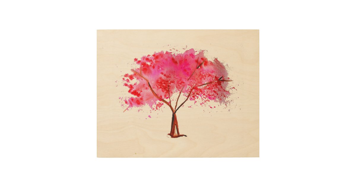 Pink Cherry Blossom Tree Watercolor Wood Wall Art Zazzle Com