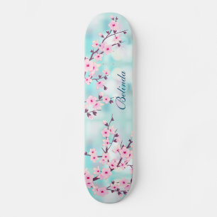Pink Cherry Blossom Turquoise Bokeh Monogram Girly Skateboard