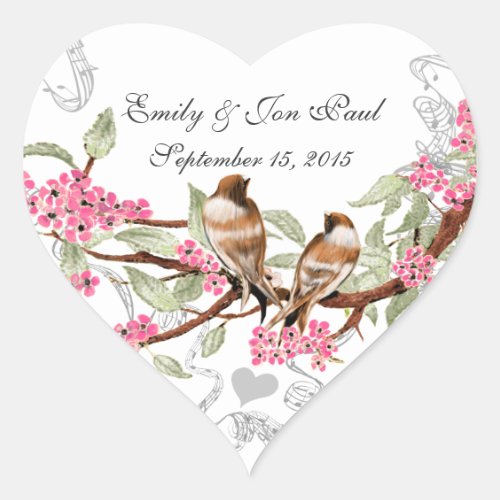 Pink Cherry Blossom Vintage Birds Wedding Stickers