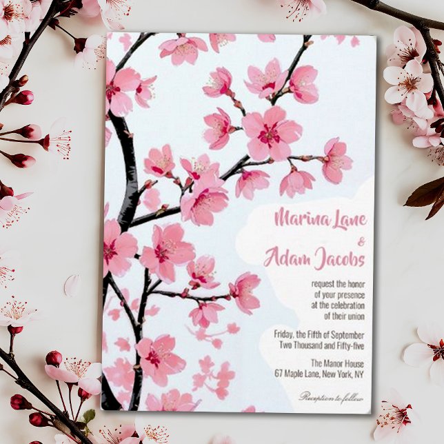 Pink Cherry Blossom Watercolor Floral Wedding Invitation (Creator Uploaded)
