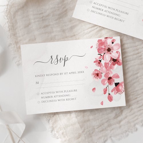 Pink Cherry Blossom Watercolor Floral Wedding RSVP Card