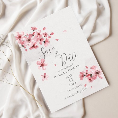 Pink Cherry Blossom Watercolor Floral Wedding Save The Date