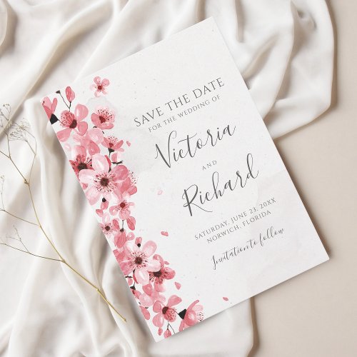 Pink Cherry Blossom Watercolor Floral Wedding Save The Date