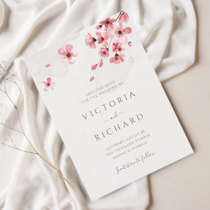 Pink Cherry Blossom Watercolor Floral Wedding Save The Date